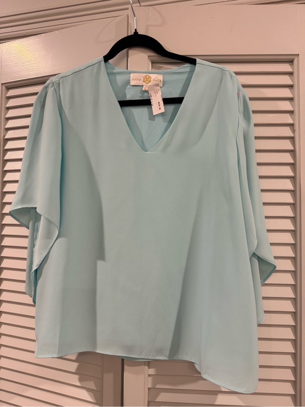 Light Blue V-Neck Flutter Angel Wing Short Sleeve Blouse